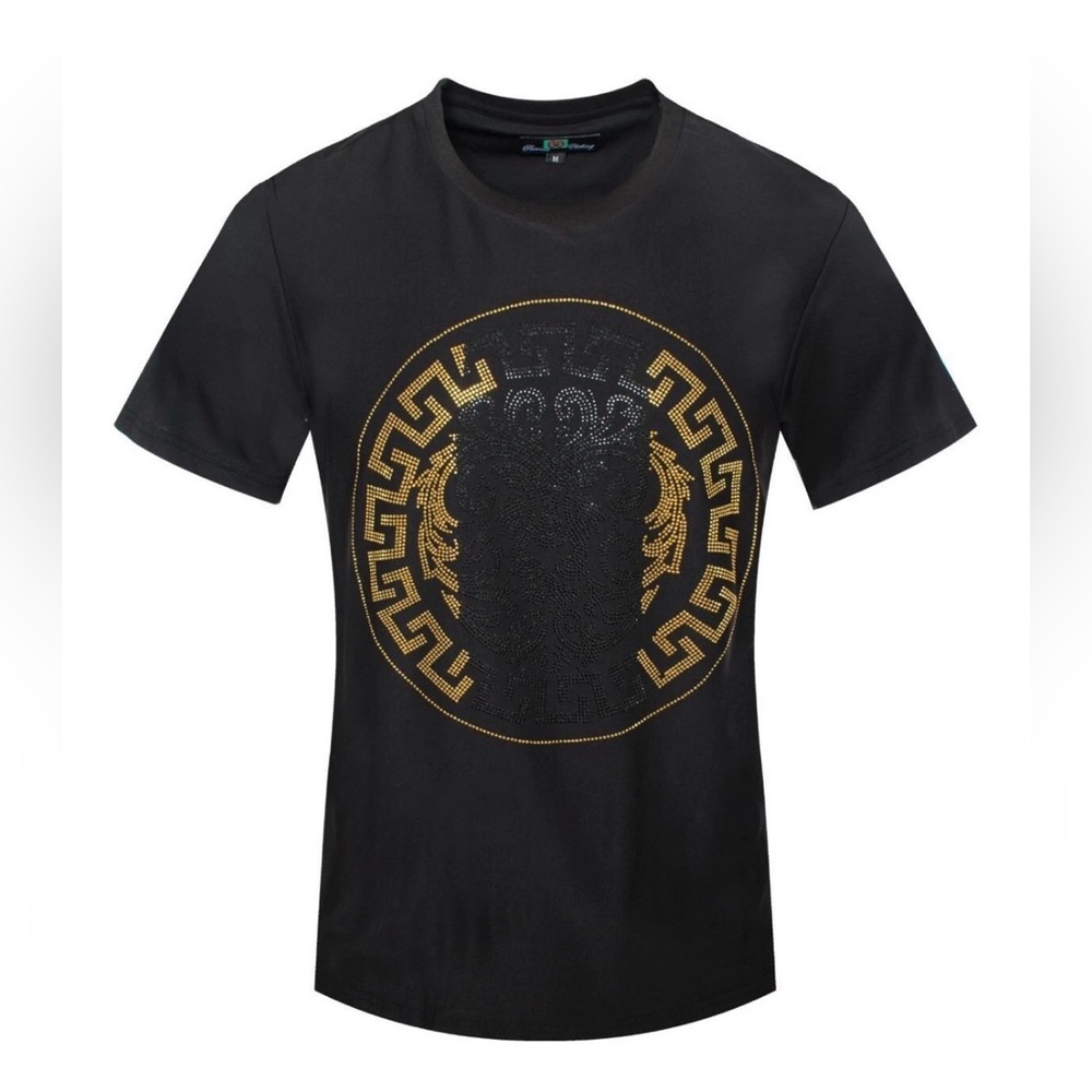 Italian fashion Short Sleeves black T-shirt rhinestone Greek Key Pattern Large